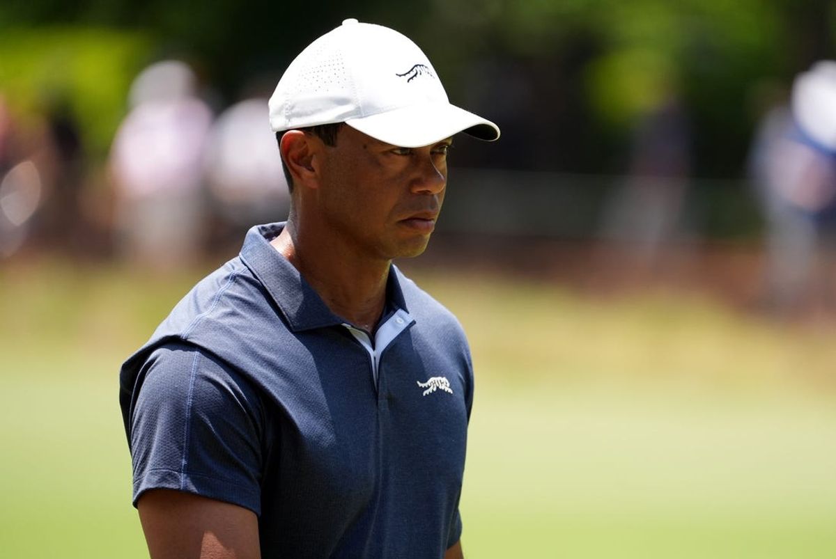 Jun 14, 2024; Pinehurst, North Carolina, USA; Tiger Woods on the 2nd hole during the second round of the U.S. Open golf tournament at Pinehurst No. 2. Mandatory Credit: John David Mercer-USA TODAY Sports