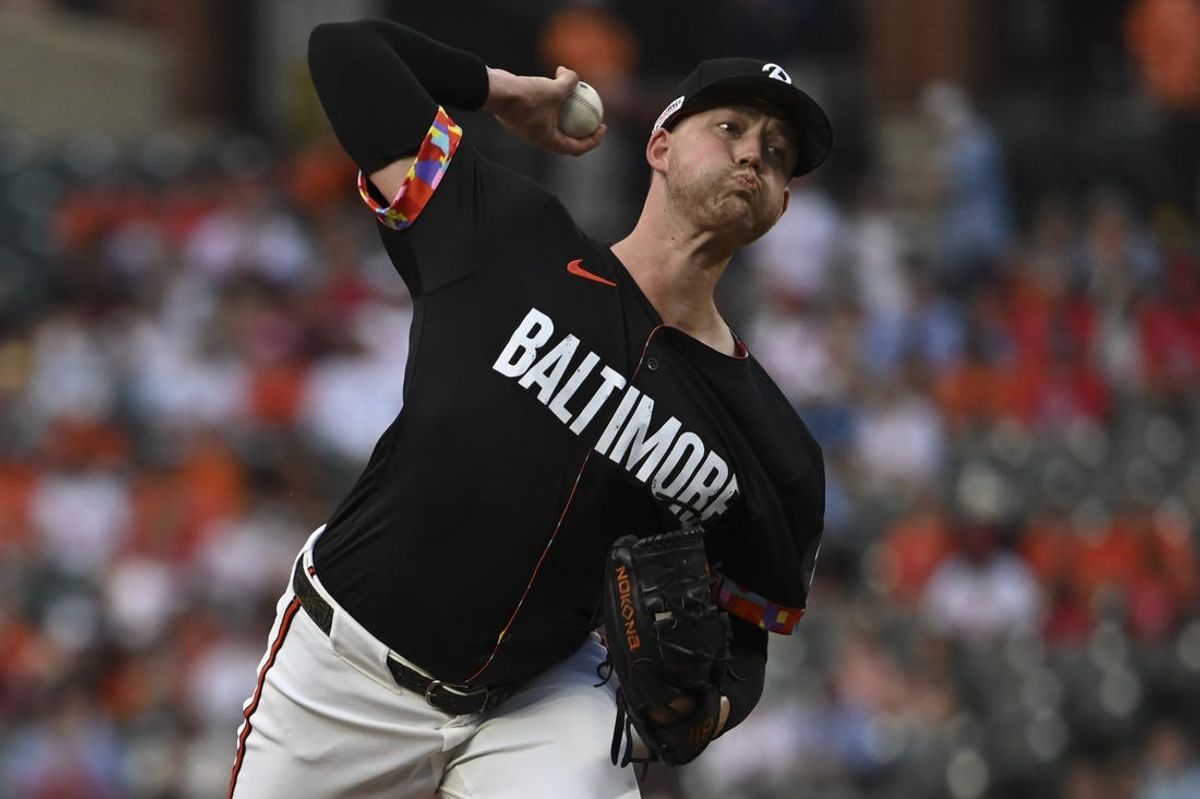 Jun 14, 2024; Baltimore, Maryland, USA; Baltimore Orioles pitcher Kyle Bradish (38) throws a first inning pitch against the Philadelphia Phillies at Oriole Park at Camden Yards. Mandatory Credit: Tommy Gilligan-USA TODAY Sports