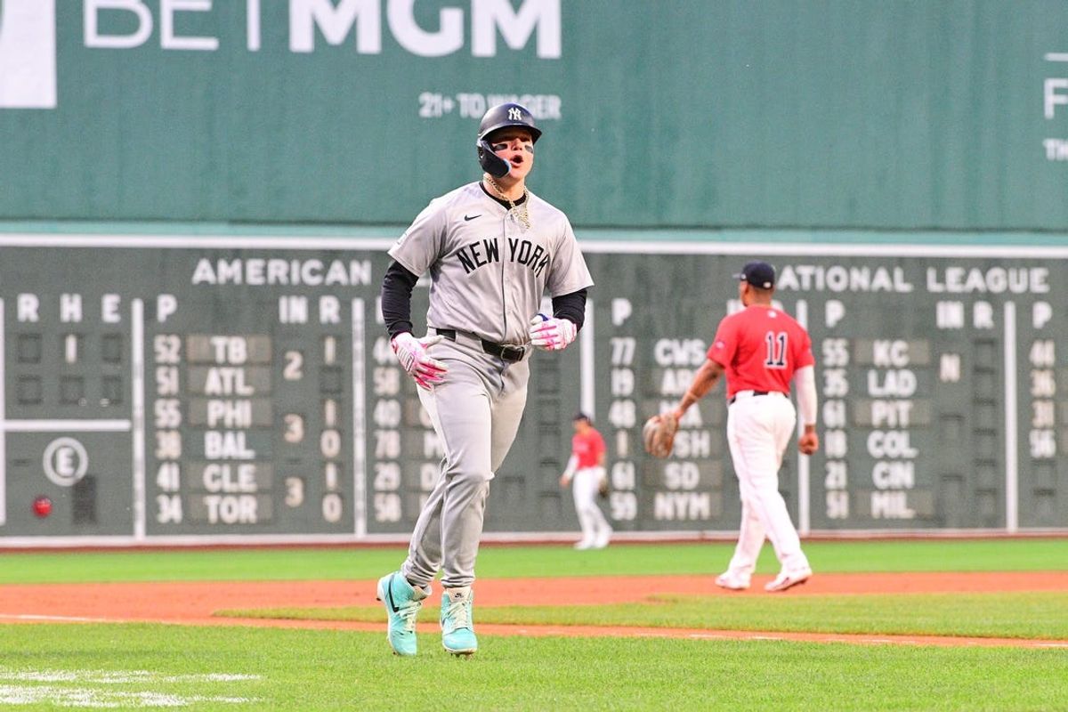 Jun 14, 2024; Boston, Massachusetts, USA;  New York Yankees right fielder Alex Verdugo (24) reacts to his hits a two-run home run against the Boston Red Sox during the first inning at Fenway Park. Mandatory Credit: Eric Canha-USA TODAY Sports