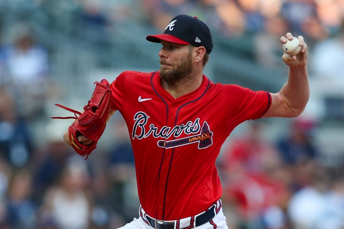 Jun 14, 2024; Atlanta, Georgia, USA; Atlanta Braves starting pitcher Chris Sale (51) throws against the Tampa Bay Rays in the first inning at Truist Park. Mandatory Credit: Brett Davis-USA TODAY Sports