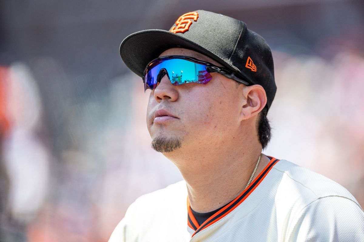 Jun 12, 2024; San Francisco, California, USA;  San Francisco Giants first base Wilmer Flores (41) sits in the dugout before a game against the Houston Astros at Oracle Park. Mandatory Credit: Bob Kupbens-USA TODAY Sports