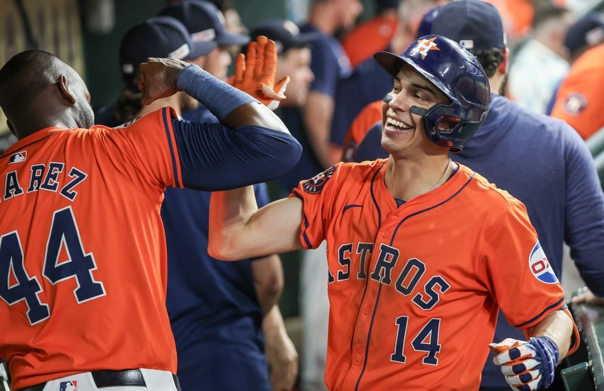 Jun 14, 2024; Houston, Texas, USA;  Houston Astros left fielder Yordan Alvarez (44) celebrates first baseman Mauricio Dubon (14) two-run home run against the Detroit Tigers in the sixth inning at Minute Maid Park. Mandatory Credit: Thomas Shea-USA TODAY Sports