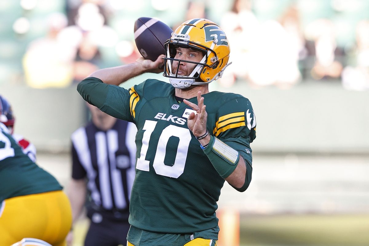 Jun 14, 2024; Edmonton, Alberta, CAN; Edmonton Elks quarterback McLeod Bethel-Thompson (10) throws a pass during the first half against the Montreal Alouettes at Commonwealth Stadium. Mandatory Credit: Perry Nelson-USA TODAY Sports