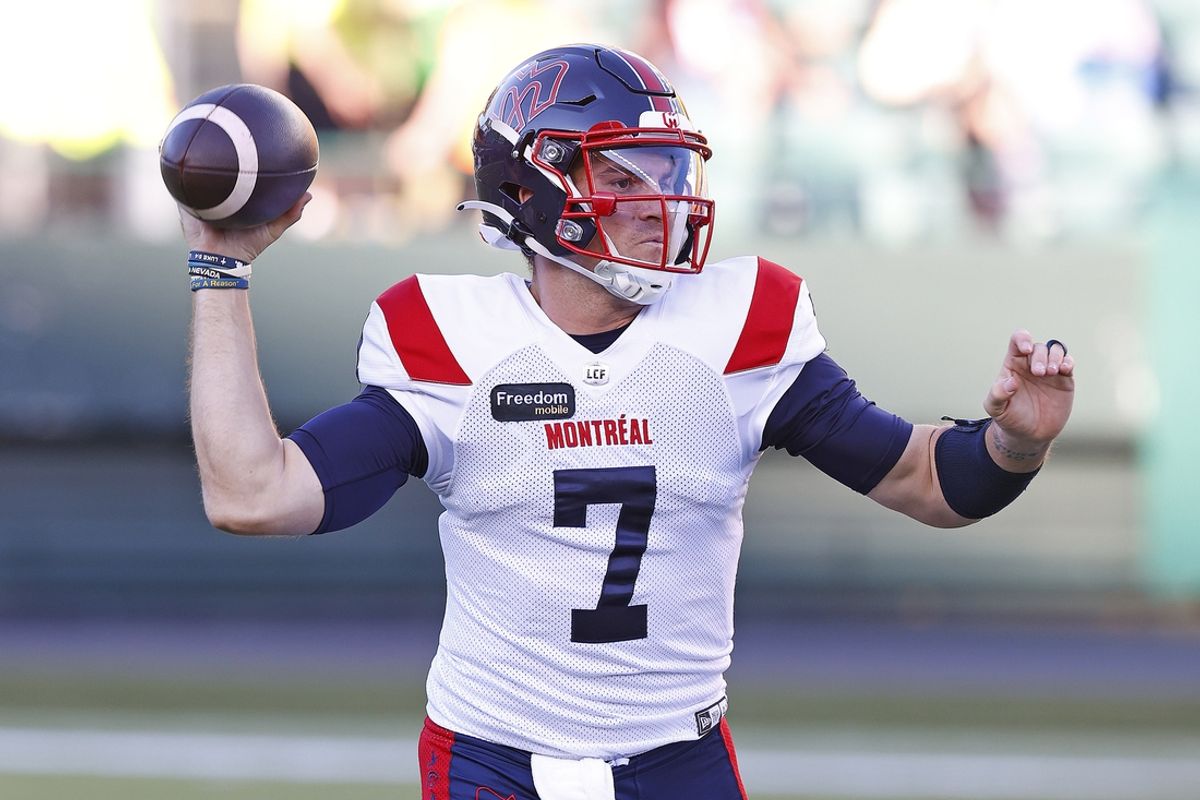 Jun 14, 2024; Edmonton, Alberta, CAN; Montreal Alouettes quarterback Cody Fajardo (7) throws a pass during the first half against the Edmonton Elks at Commonwealth Stadium. Mandatory Credit: Perry Nelson-USA TODAY Sports