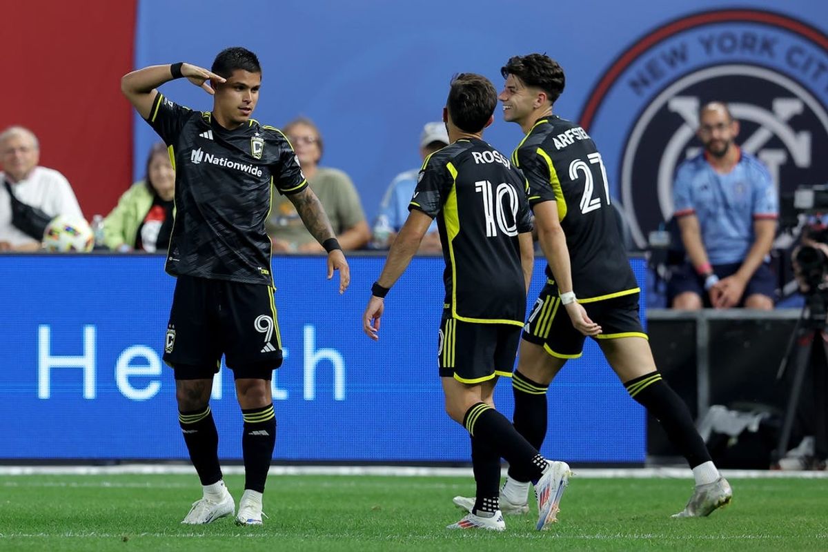 Jun 14, 2024; Bronx, New York, USA; Columbus Crew forward Cucho Hernandez (9) celebrates his goal against New York City FC with forward Diego Rossi (10) and forward Max Arfsten (27) during the second half at Yankee Stadium. Mandatory Credit: Brad Penner-USA TODAY Sports