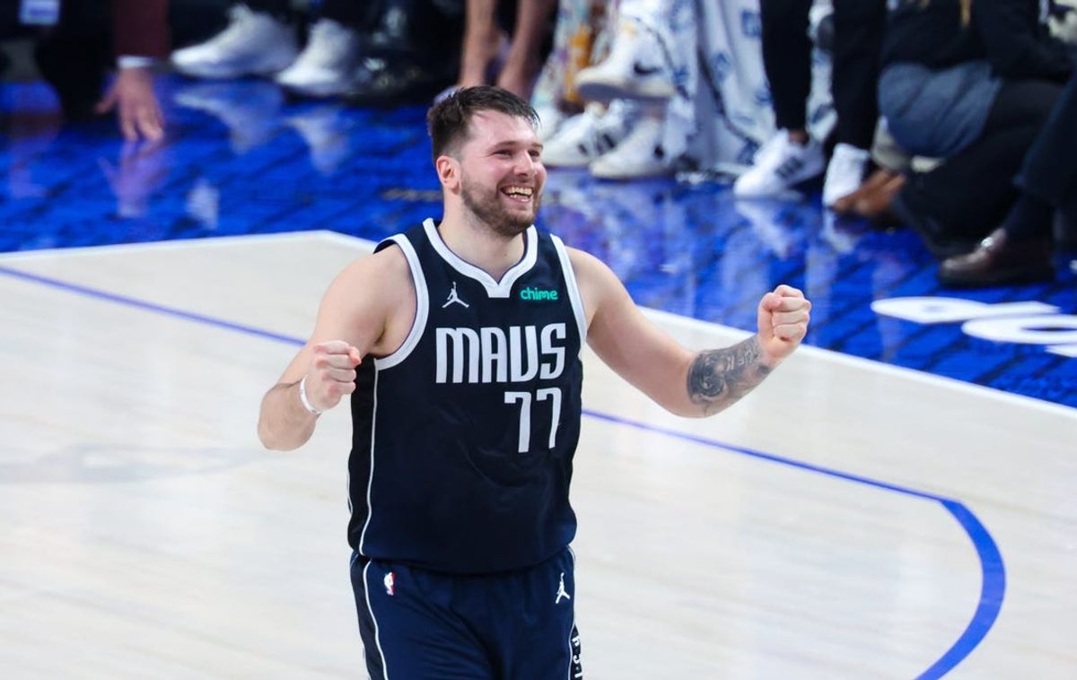 Jun 14, 2024; Dallas, Texas, USA; Dallas Mavericks guard Luka Doncic (77) reacts during the game against the Boston Celtics during game four of the 2024 NBA Finals at American Airlines Center. Mandatory Credit: Kevin Jairaj-USA TODAY Sports
