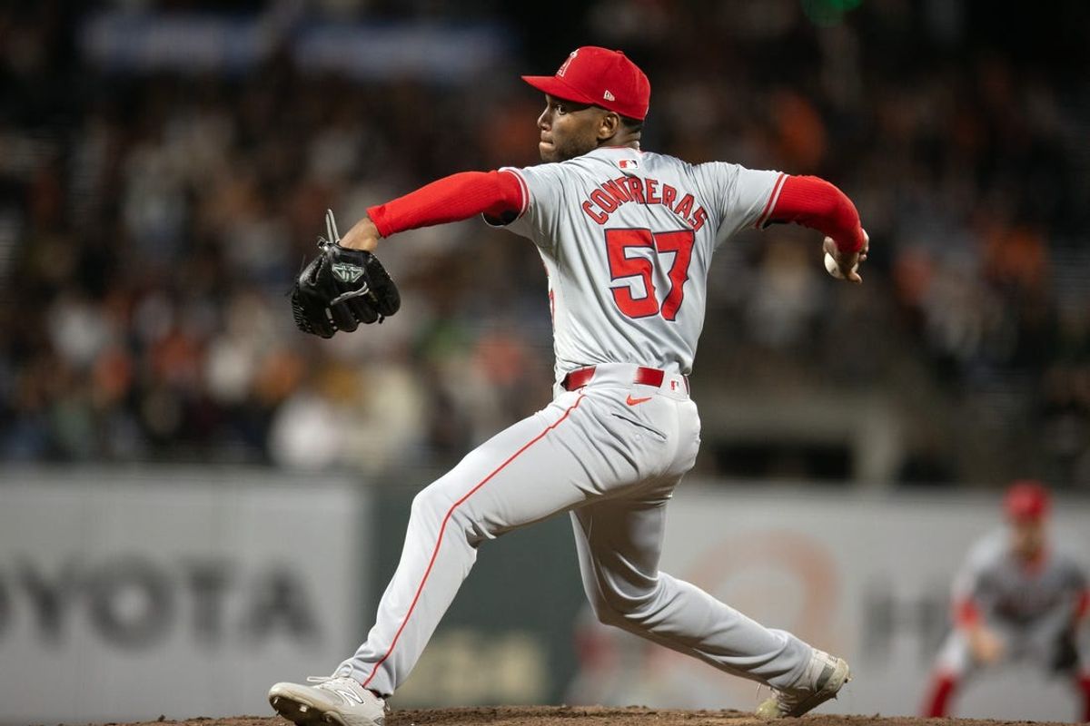 Jun 14, 2024; San Francisco, California, USA; Los Angeles Angels pitcher Roansy Contreras (57) delivers a pitch against the San Francisco Giants during the eighth inning at Oracle Park. Mandatory Credit: D. Ross Cameron-USA TODAY Sports