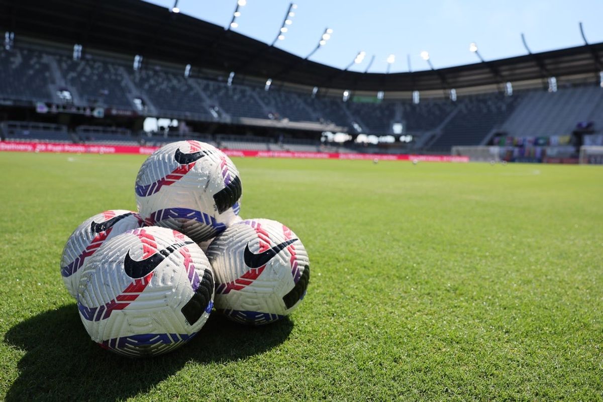 Jun 15, 2024; Louisville, Kentucky, USA; A general view of of the game balls on the pitch before the match between Racing Louisville FC and NJ/NY Gotham FC at Lynn Family Stadium. Mandatory Credit: EM Dash-Imagn Images