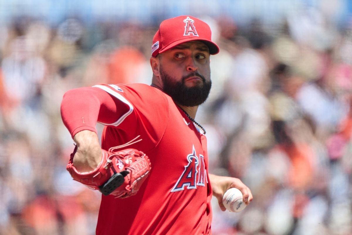 Jun 15, 2024; San Francisco, California, USA; Los Angeles Angels starting pitcher Patrick Sandoval (43) throws a pitch against the San Francisco Giants during the first inning at Oracle Park. Mandatory Credit: Robert Edwards-Imagn Images