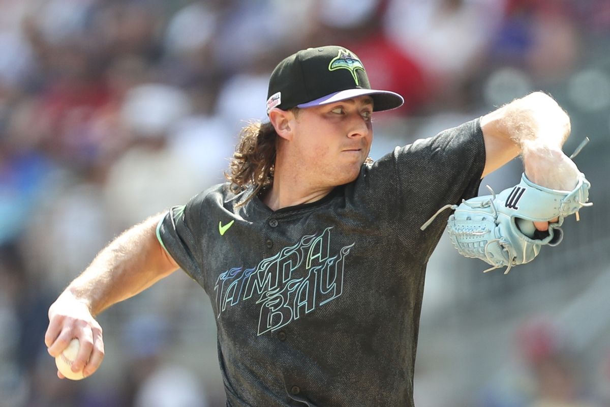 Jun 15, 2024; Cumberland, Georgia, USA;  Tampa Bay Rays starting pitcher Ryan Pepiot (44) pitches against the Atlanta Braves during the first inning at Truist Park. Mandatory Credit: Mady Mertens-USA TODAY Sports