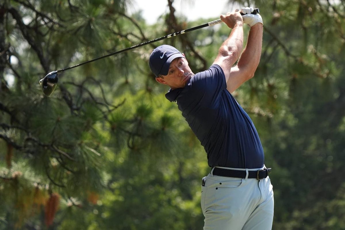 Jun 15, 2024; Pinehurst, North Carolina, USA; Rory McIlroy hits from the second tee box during the third round of the U.S. Open golf tournament. Mandatory Credit: Katie Goodale-USA TODAY Sports