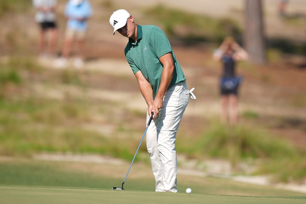 Jun 15, 2024; Pinehurst, North Carolina, USA; Ludvig Aberg putts on the fifth hole during the third round of the U.S. Open golf tournament. Mandatory Credit: Jim Dedmon-USA TODAY Sports