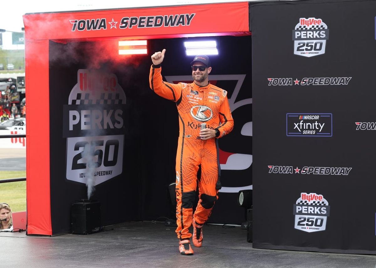 Jun 15, 2024; Newton, Iowa, USA; NASCAR Xfinity Series driver Shane van Gisbergen (97) is introduced at the Iowa Speedway. Mandatory Credit: Reese Strickland-USA TODAY Sports