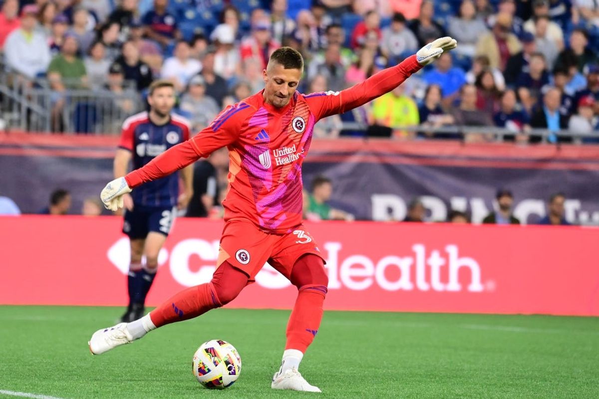 Jun 15, 2024; Foxborough, Massachusetts, USA;  New England Revolution goalkeeper Aljaz Ivacic (31) puts the ball into play during the first half against Vancouver Whitecaps FC at Gillette Stadium. Mandatory Credit: Eric Canha-USA TODAY Sports