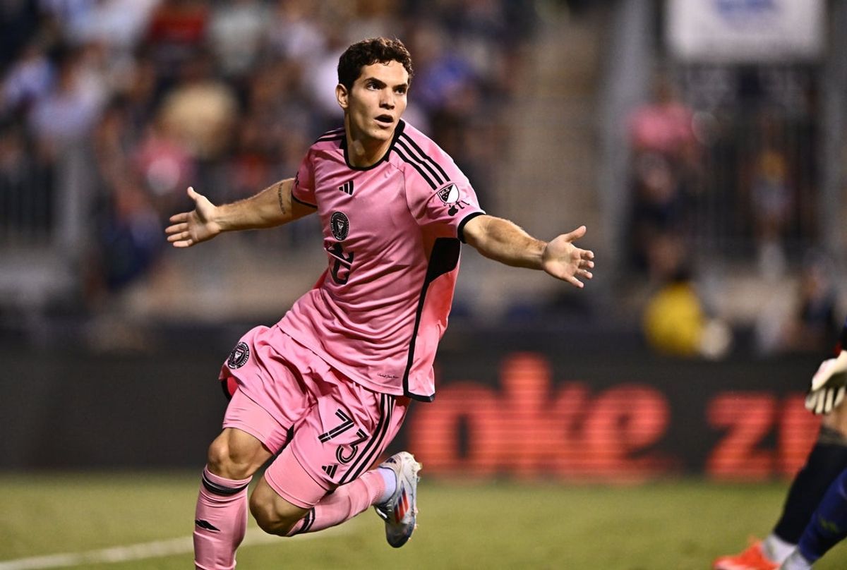 Jun 15, 2024; Philadelphia, PA, USA; Inter Miami forward Leo Afonso (73) celebrates after scoring a goal against the Philadelphia Union in a MLS game at Subaru Park. Mandatory Credit: Kyle Ross-Imagn Images
