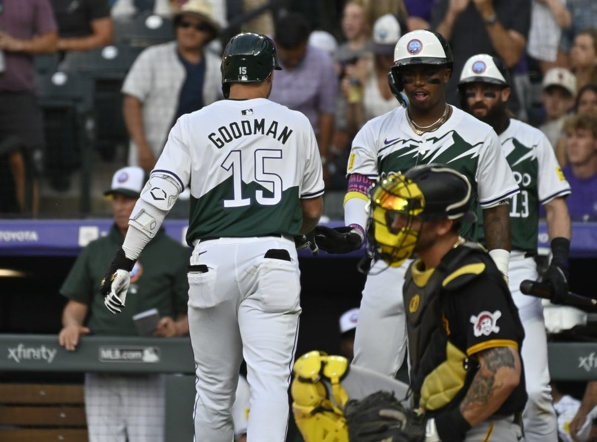 Jun 15, 2024; Denver, Colorado, USA; Colorado Rockies catcher Hunter Goodman (15) is congratulated by Colorado Rockies second base Adael Amador (1) after his home run in the third inning against the Pittsburgh Pirates at Coors Field. Mandatory Credit: John Leyba-USA TODAY Sports