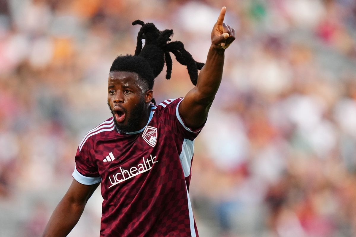 Jun 15, 2024; Commerce City, Colorado, USA; Colorado Rapids defender Lalas Abubakar (6) reacts against Austin FC during the first half at Dick's Sporting Goods Park. Mandatory Credit: Ron Chenoy-Imagn Images