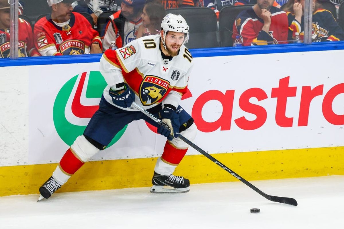 Jun 15, 2024; Edmonton, Alberta, CAN; Florida Panthers right wing Vladimir Tarasenko (10) controls the puck against the Edmonton Oilers during the third period in game four of the 2024 Stanley Cup Final at Rogers Place. Mandatory Credit: Sergei Belski-USA TODAY Sports
