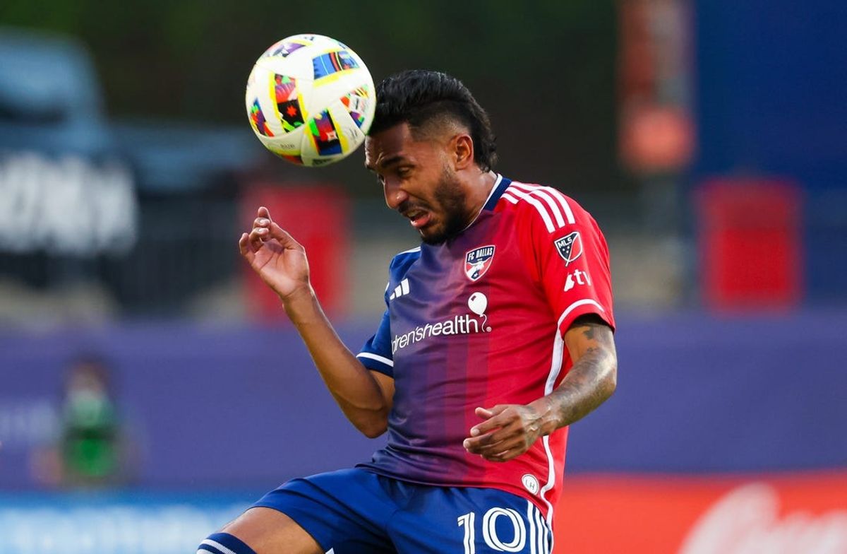 Jun 15, 2024; Frisco, Texas, USA;  FC Dallas forward Jesus Ferreira (10) heads the ball during the match against St. Louis City at Toyota Stadium. Mandatory Credit: Kevin Jairaj-USA TODAY Sports