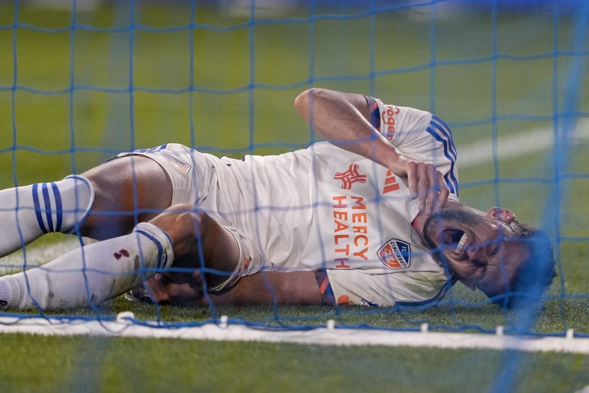Jun 15, 2024; San Jose, California, USA; FC Cincinnati defender Matt Miazga (21) reacts after an injury during the second half against the San Jose Earthquakes at PayPal Park. Mandatory Credit: Darren Yamashita-USA TODAY Sports