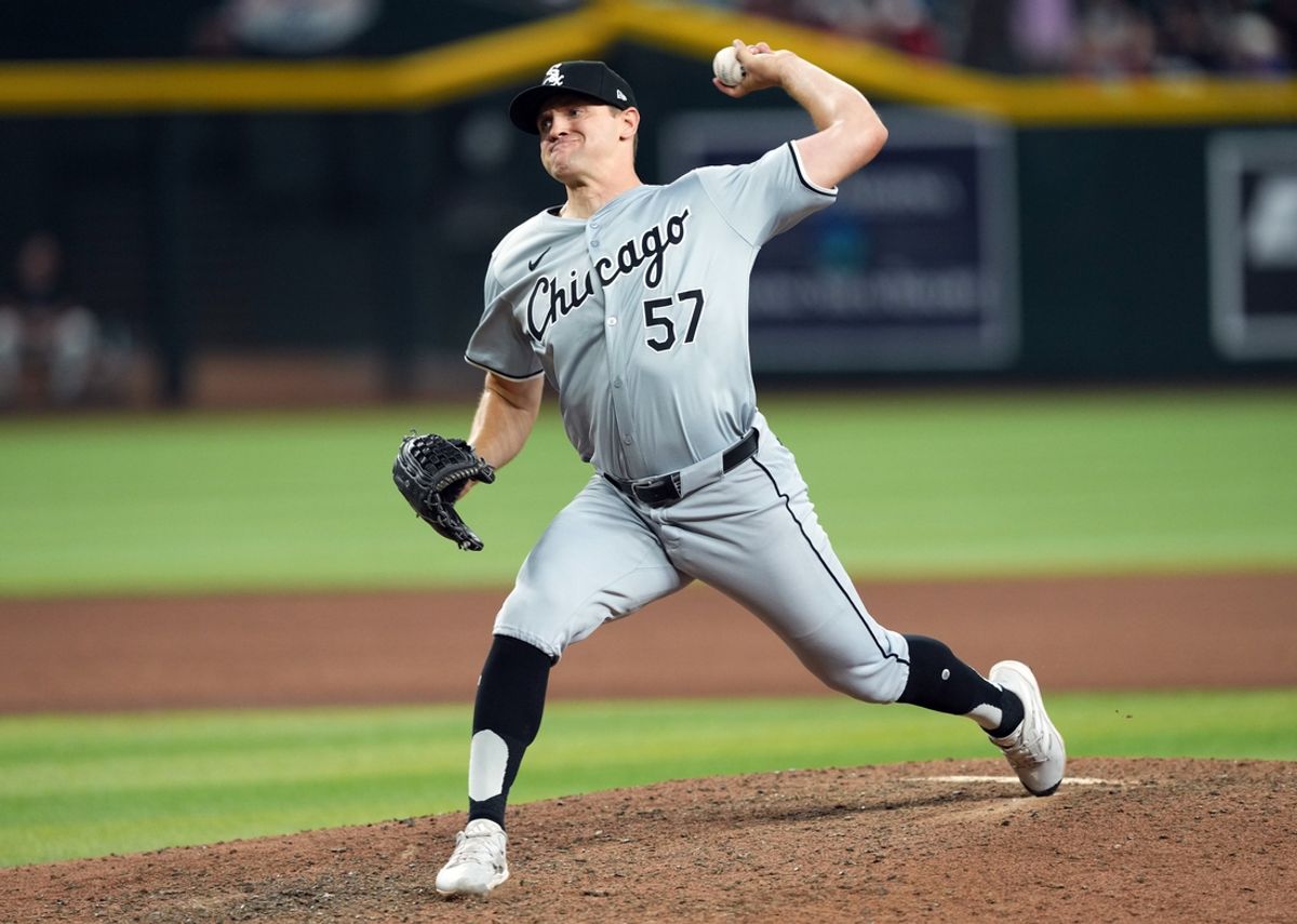 Jun 15, 2024; Phoenix, Arizona, USA; Chicago White Sox pitcher Tanner Banks (57) pitches against the Arizona Diamondbacks during the ninth inning at Chase Field. Mandatory Credit: Joe Camporeale-USA TODAY Sports