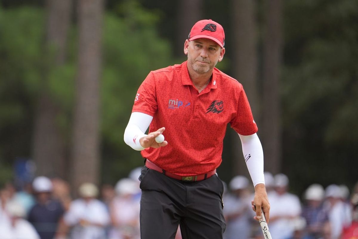 Jun 16, 2024; Pinehurst, North Carolina, USA; Sergio Garcia reacts after putting on the first green during the final round of the U.S. Open golf tournament. Mandatory Credit: John David Mercer-USA TODAY Sports