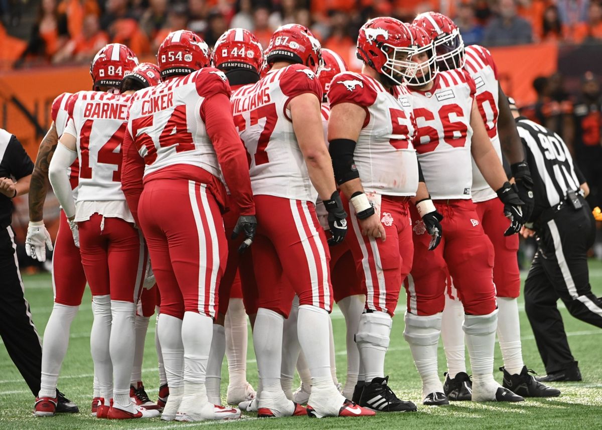 Jun 15, 2024; Vancouver, British Columbia, CAN;  Calgary Stampeders huddle during the second half against the BC Lions at BC Place. Mandatory Credit: Simon Fearn-USA TODAY Sports