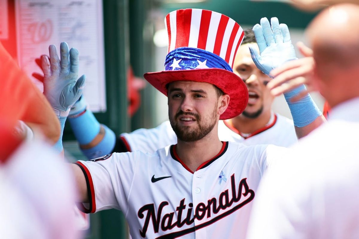 Jun 16, 2024; Washington, District of Columbia, USA; Washington Nationals outfielder Lane Thomas (28) celebrates with his teammates after hitting a home run in the first inning during a game against the Miami Marlins at Nationals Park. Mandatory Credit: Daniel Kucin Jr.-USA TODAY Sports