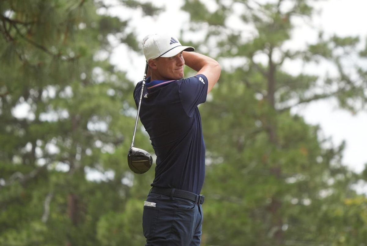 Jun 16, 2024; Pinehurst, North Carolina, USA; Ludvig Aberg plays his shot from the second tee box during the final round of the U.S. Open golf tournament. Mandatory Credit: Katie Goodale-USA TODAY Sports