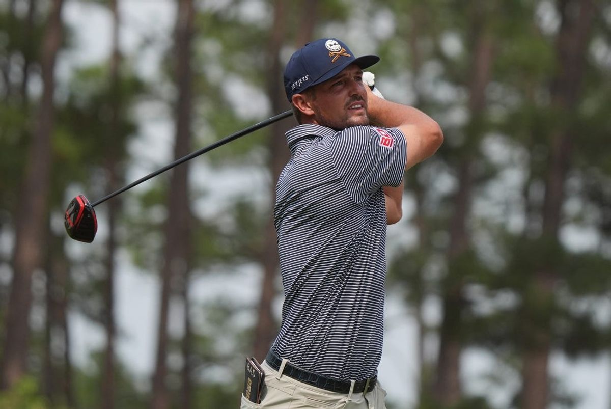 Jun 16, 2024; Pinehurst, North Carolina, USA; Bryson DeChambeau hits from the seventh tee box during the final round of the U.S. Open golf tournament. Mandatory Credit: Katie Goodale-USA TODAY Sports