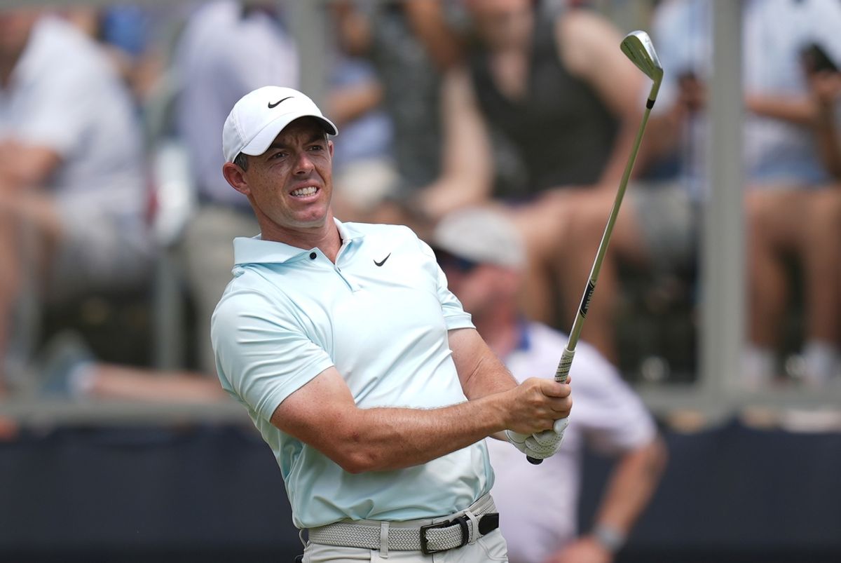 Jun 16, 2024; Pinehurst, North Carolina, USA; Rory McIlroy hits from the sixth tee box during the final round of the U.S. Open golf tournament. Mandatory Credit: Jim Dedmon-USA TODAY Sports