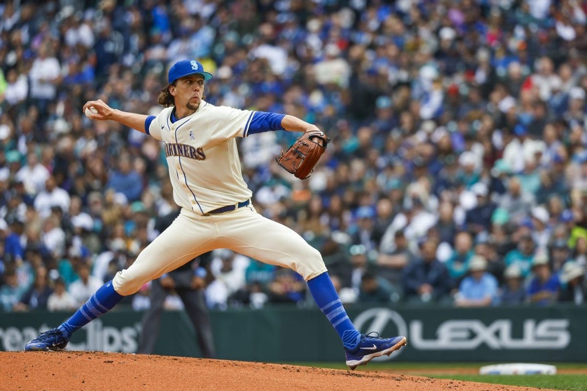Jun 16, 2024; Seattle, Washington, USA; Seattle Mariners starting pitcher Logan Gilbert (36) throws against the Texas Rangers during the second inning at T-Mobile Park. Mandatory Credit: Joe Nicholson-USA TODAY Sports