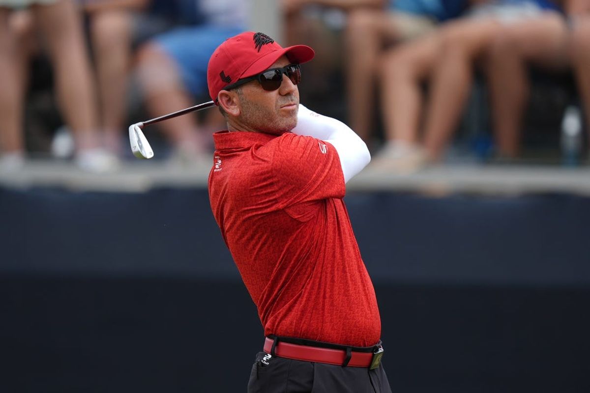 Jun 16, 2024; Pinehurst, North Carolina, USA; Sergio Garcia hits from the sixth tee box during the final round of the U.S. Open golf tournament. Mandatory Credit: Jim Dedmon-USA TODAY Sports