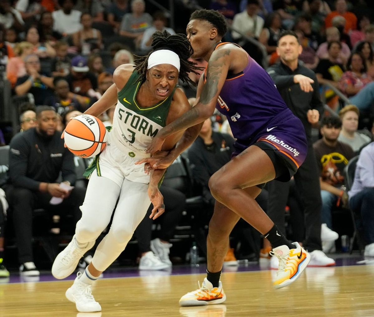 Seattle Storm forward Nneka Ogwumike (3) is defended by Phoenix Mercury forward Natasha Mack (4) during the second quarter at Footprint Center in Phoenix on Sunday, June 16, 2024.