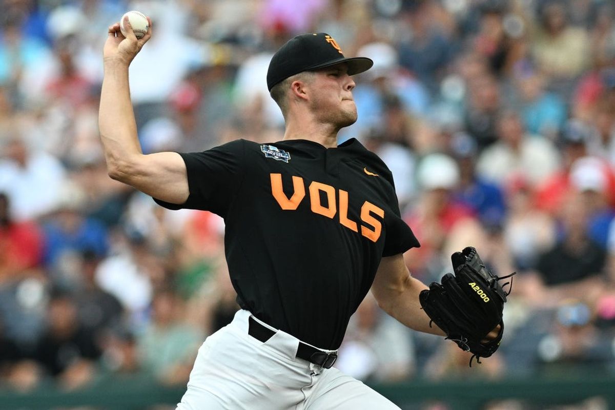Jun 16, 2024; Omaha, NE, USA; Tennessee Volunteers starting pitcher Drew Beam (32) throws against the North Carolina Tar Heels during the first inning at Charles Schwab Field Omaha. Mandatory Credit: Steven Branscombe-USA TODAY Sports