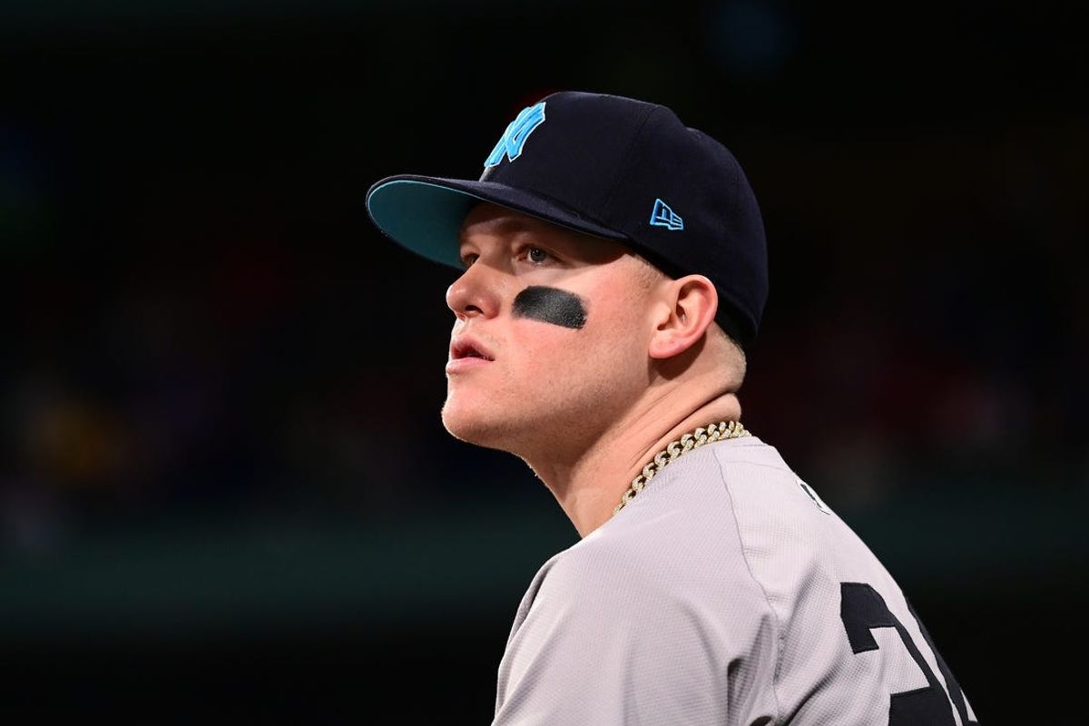 Jun 16, 2024; Boston, Massachusetts, USA; New York Yankees right fielder Alex Verdugo (24) watches the game during the ninth inning against the Boston Red Sox at Fenway Park. Mandatory Credit: Eric Canha-USA TODAY Sports