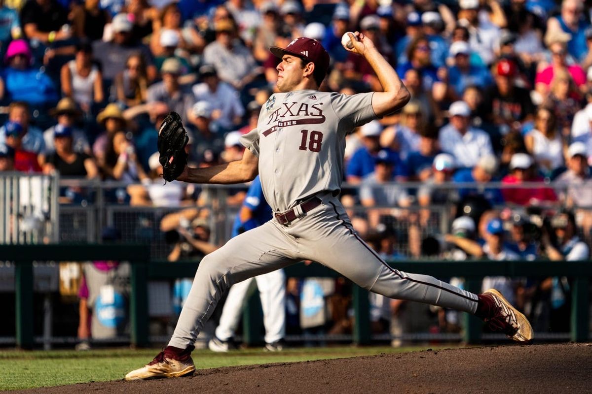 Jun 17, 2024; Omaha, NE, USA; Texas A&M Aggies starting pitcher Ryan Prager (18) pitches against the Kentucky Wildcats during the first inning at Charles Schwab Field Omaha. Mandatory Credit: Dylan Widger-USA TODAY Sports