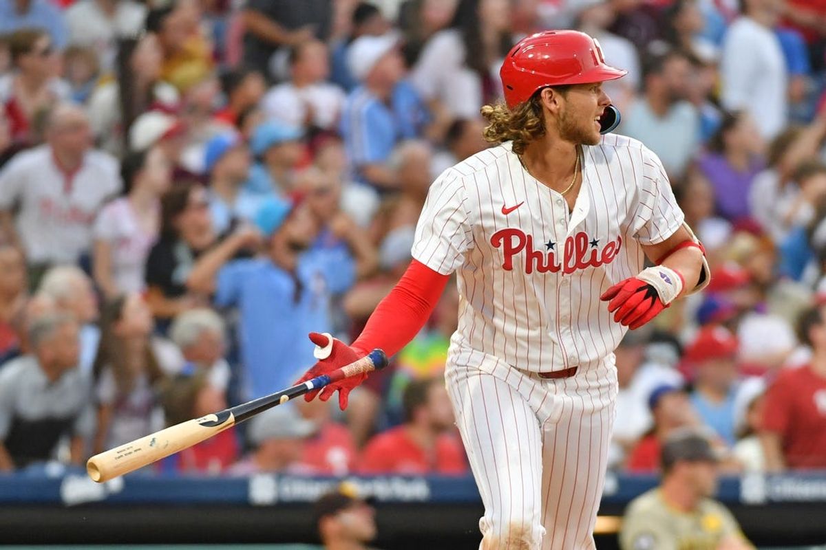 Jun 17, 2024; Philadelphia, Pennsylvania, USA; Philadelphia Phillies third base Alec Bohm (28) watches his three run home run during the fifth inning against the San Diego Padres at Citizens Bank Park. Mandatory Credit: Eric Hartline-USA TODAY Sports