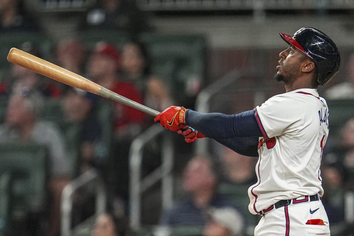 Jun 17, 2024; Cumberland, Georgia, USA; Atlanta Braves second baseman Ozzie Albies (1) watches the ball after hitting a go ahead home run against the Detroit Tigers during the eighth inning at Truist Park. Mandatory Credit: Dale Zanine-USA TODAY Sports