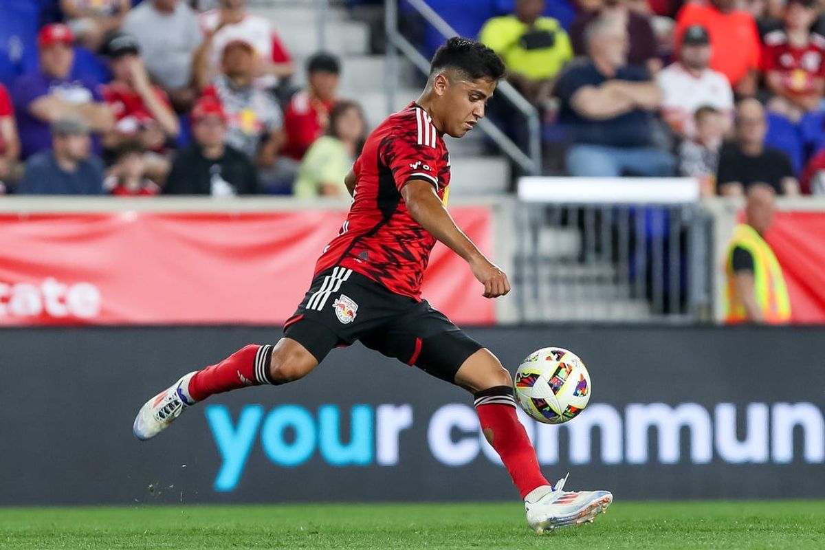 Jun 15, 2024; Harrison, New Jersey, USA; New York Red Bulls midfielder Frankie Amaya (8) moves the ball against the Nashville SC during the second half at Red Bull Arena. Mandatory Credit: Tom Horak-USA TODAY Sports