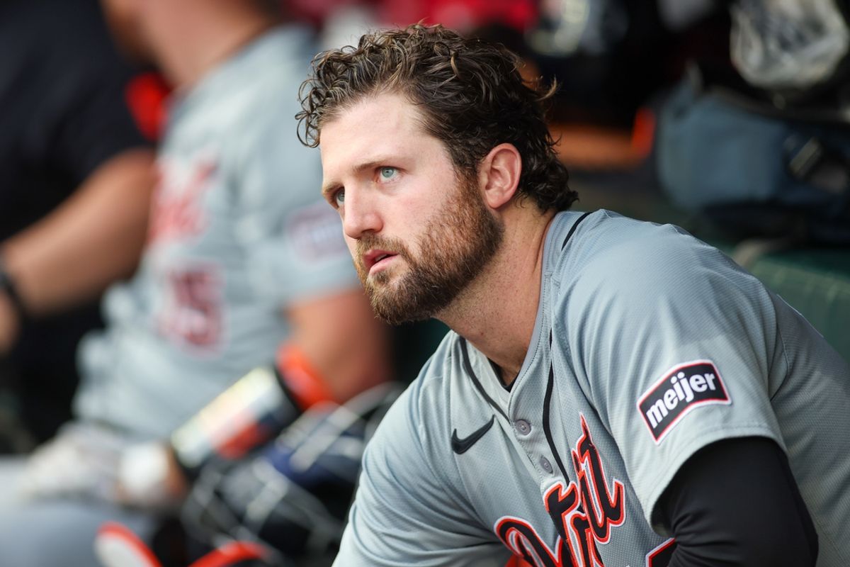 Jun 18, 2024; Atlanta, Georgia, USA; Detroit Tigers starting pitcher Casey Mize (12) in the dugout before a game against the Atlanta Braves at Truist Park. Mandatory Credit: Brett Davis-USA TODAY Sports