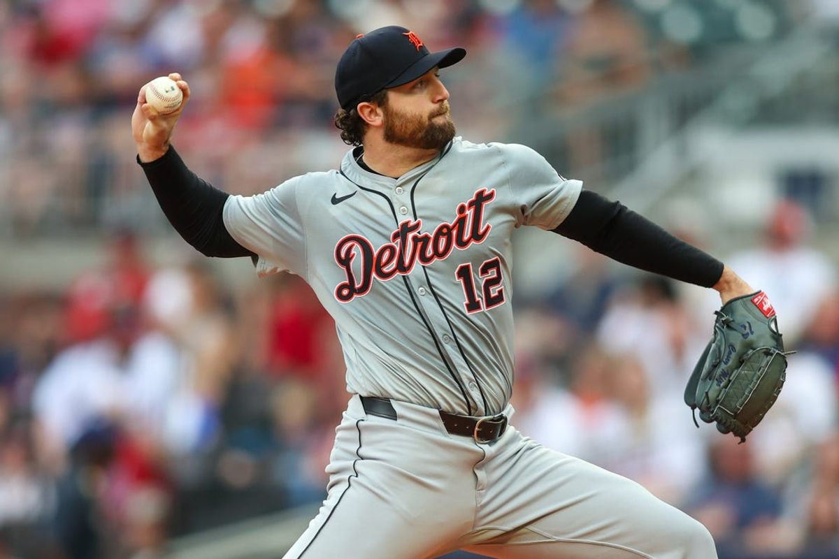 Jun 18, 2024; Atlanta, Georgia, USA; Detroit Tigers starting pitcher Casey Mize (12) throws against the Atlanta Braves in the first inning at Truist Park. Mandatory Credit: Brett Davis-USA TODAY Sports