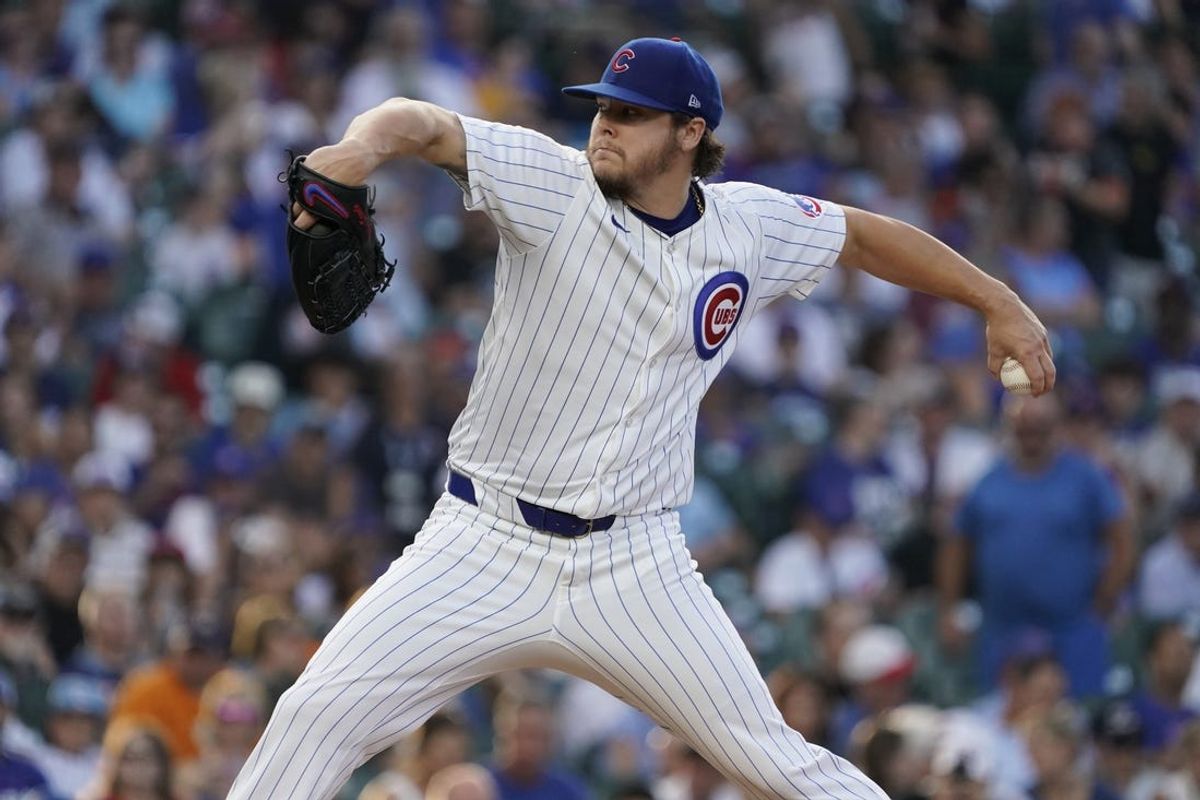 Jun 18, 2024; Chicago, Illinois, USA; Chicago Cubs pitcher Justin Steele (35) throws the ball against the San Francisco Giants during the first inning at Wrigley Field. Mandatory Credit: David Banks-USA TODAY Sports