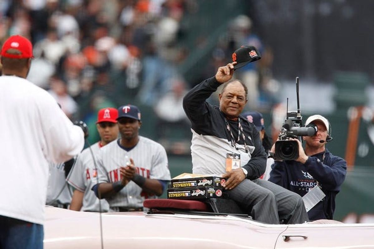 2007 Major League Baseball All-Star Game -- Willie Mays takes a seat to go around the field in a 1958 Cadillac Eldorado on July 8, 2007.