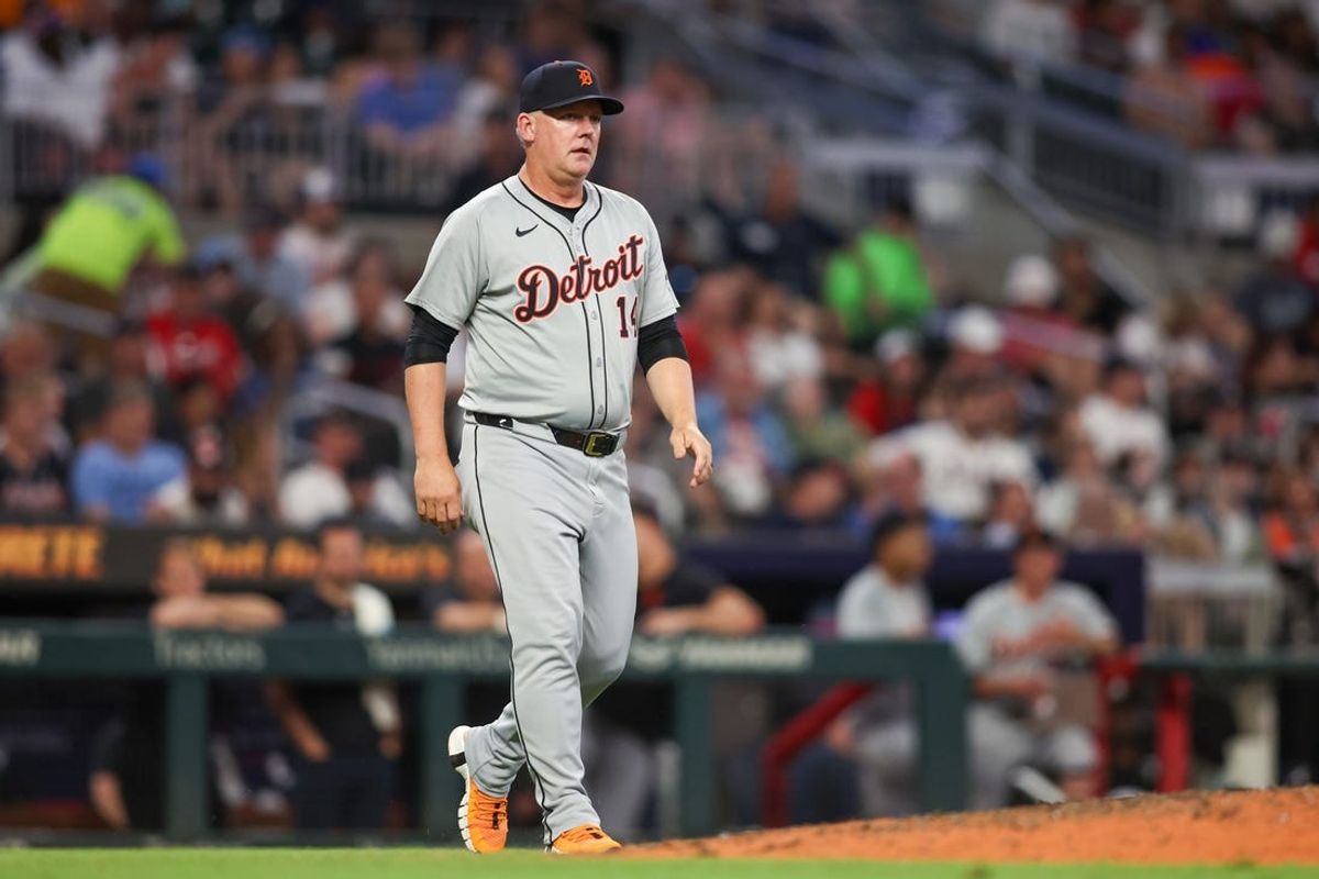 Jun 18, 2024; Atlanta, Georgia, USA; Detroit Tigers manager A.J. Hinch (14) makes a pitching change against the Atlanta Braves in the eighth inning at Truist Park. Mandatory Credit: Brett Davis-USA TODAY Sports
