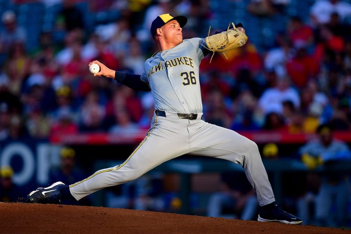 Jun 18, 2024; Anaheim, California, USA; Milwaukee Brewers pitcher Tobias Myers (36) throws against the Los Angeles Angels during the third inning at Angel Stadium. Mandatory Credit: Gary A. Vasquez-USA TODAY Sports