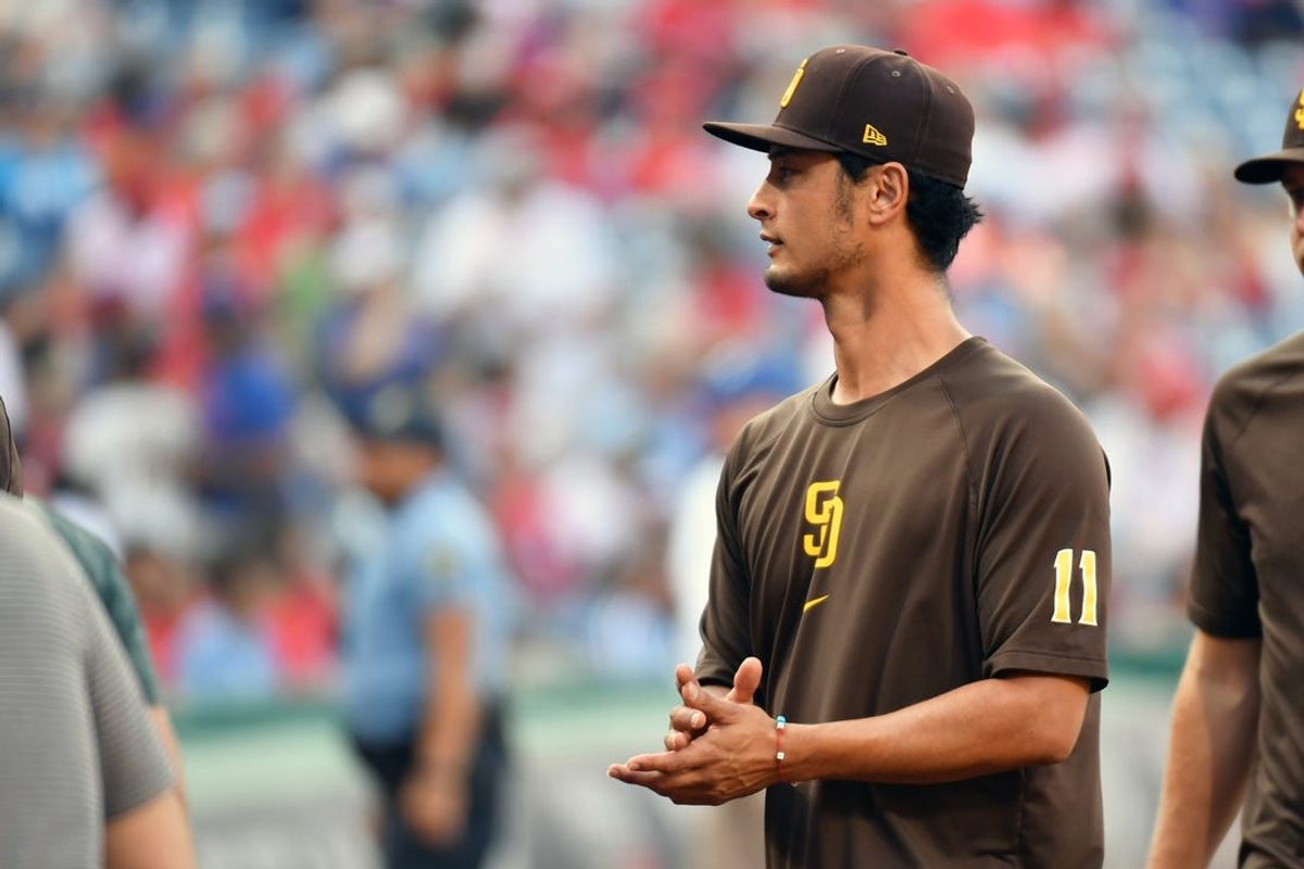 Jun 17, 2024; Philadelphia, Pennsylvania, USA; San Diego Padres starting pitcher Yu Darvish against the Philadelphia Phillies at Citizens Bank Park. Mandatory Credit: Eric Hartline-USA TODAY Sports