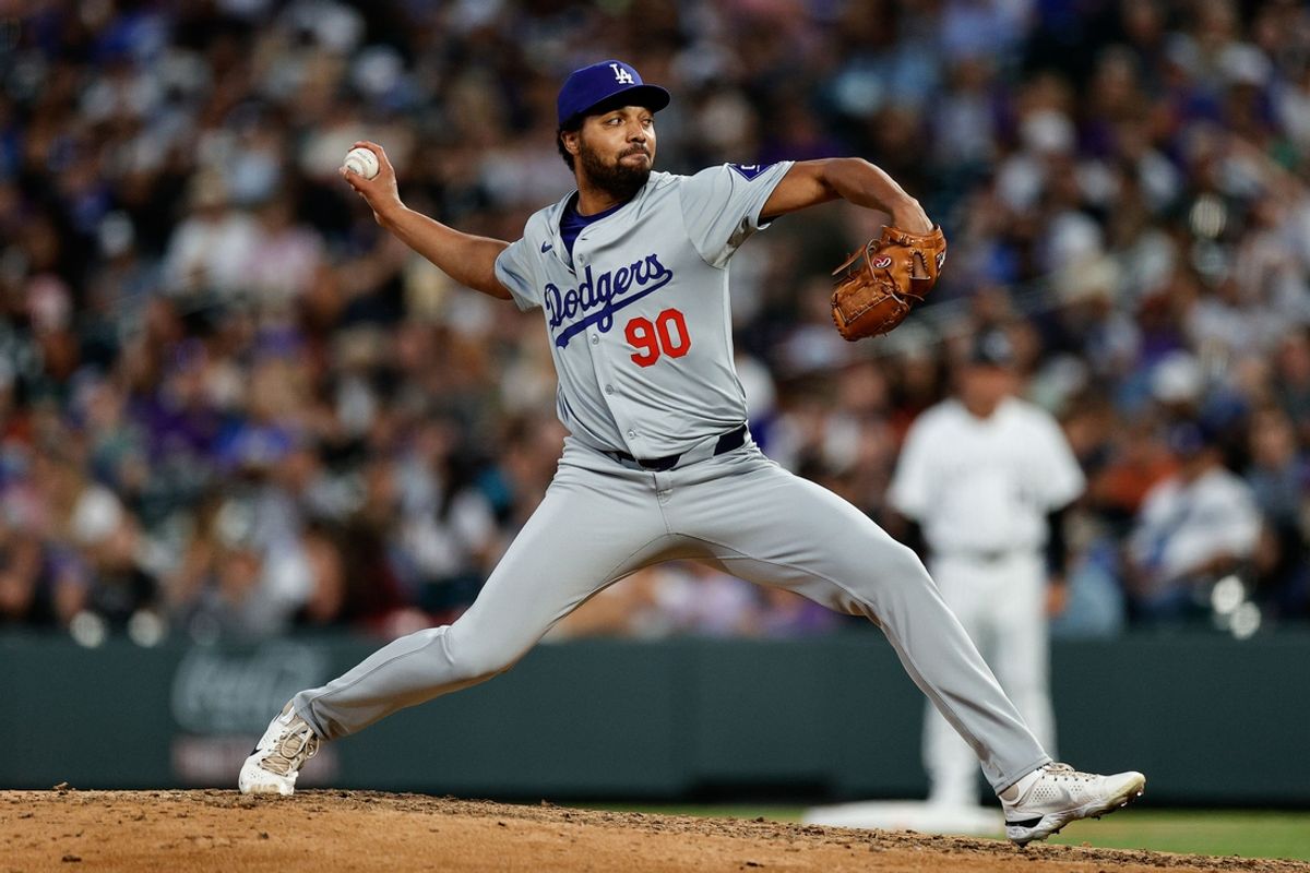 Jun 18, 2024; Denver, Colorado, USA; Los Angeles Dodgers pitcher Michael Petersen (90) pitches in the seventh inning against the Colorado Rockies at Coors Field. Mandatory Credit: Isaiah J. Downing-USA TODAY Sports