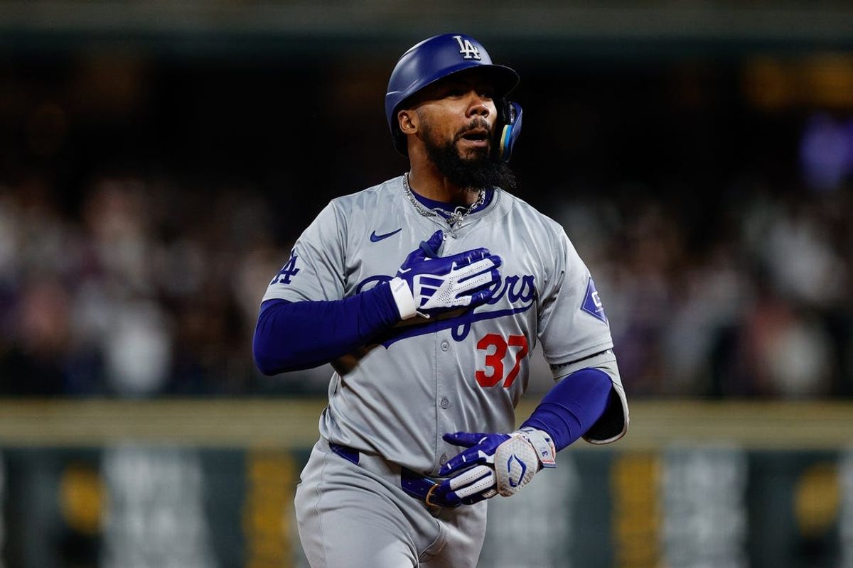 Jun 18, 2024; Denver, Colorado, USA; Los Angeles Dodgers right fielder Teoscar Hernandez (37) gestures as he rounds the bases on a three run home run in the ninth inning against the Colorado Rockies at Coors Field. Mandatory Credit: Isaiah J. Downing-USA TODAY Sports