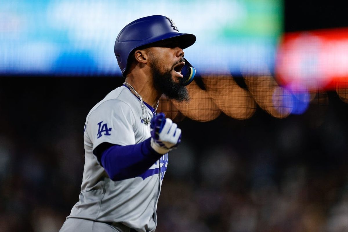 Jun 18, 2024; Denver, Colorado, USA; Los Angeles Dodgers right fielder Teoscar Hernandez (37) gestures as he rounds the bases on a three run home run in the ninth inning against the Colorado Rockies at Coors Field. Mandatory Credit: Isaiah J. Downing-USA TODAY Sports